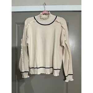 Adrianna Papell Cream/Black Mock Neck Long Sleeve Micro Sweater Sz L NWT